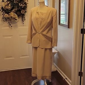 Davianna formal skirt top jacket set beige taupe gold beaded textured sz…12 EUC